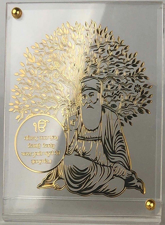 shree kreations Gold Plated Tree of Life Gurunanak Ji's Frames Showpiece on Acrylic Stand for Car Dashboard, Home, Office Table. 9.5 cm X 7.5 cm, Rectangular, Tabletop - Image 1